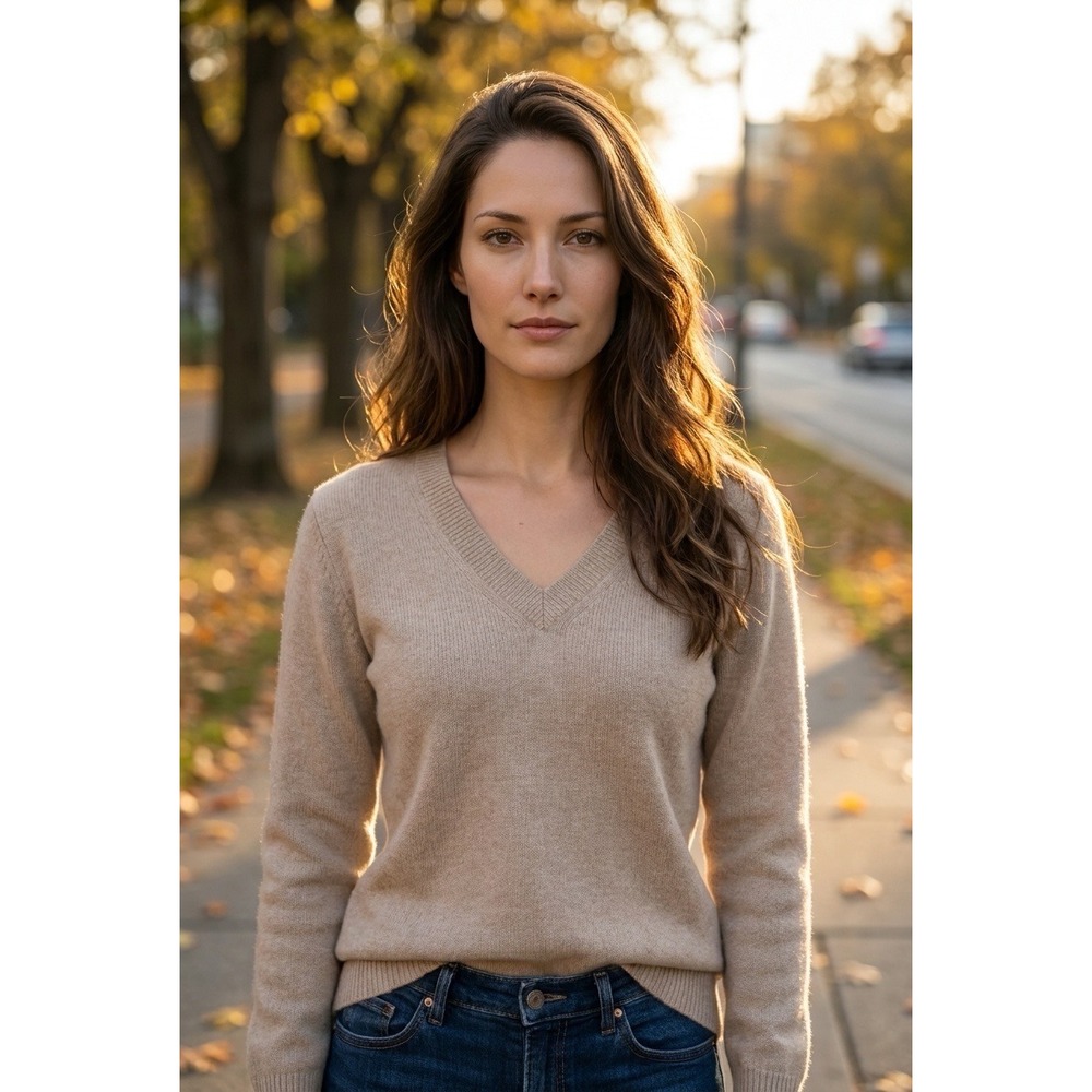 C by Bloomingdales Cashmere Sweater Women's Small Oatmeal V-Neck Pullover 2-Ply